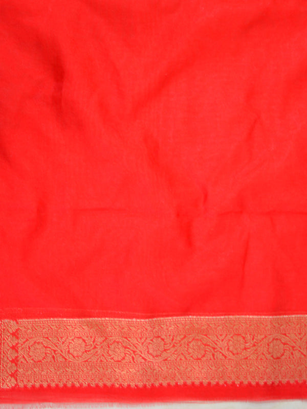Banarasee Handwoven Semi-Chiffon Saree With Copper Zari Jaal Work-Red & Beige