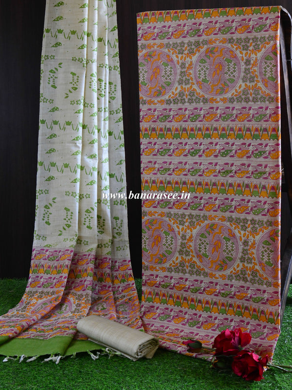 Handloom Block Printed Khadi Cotton Salwar Kameez Dupatta Set-Green & Beige