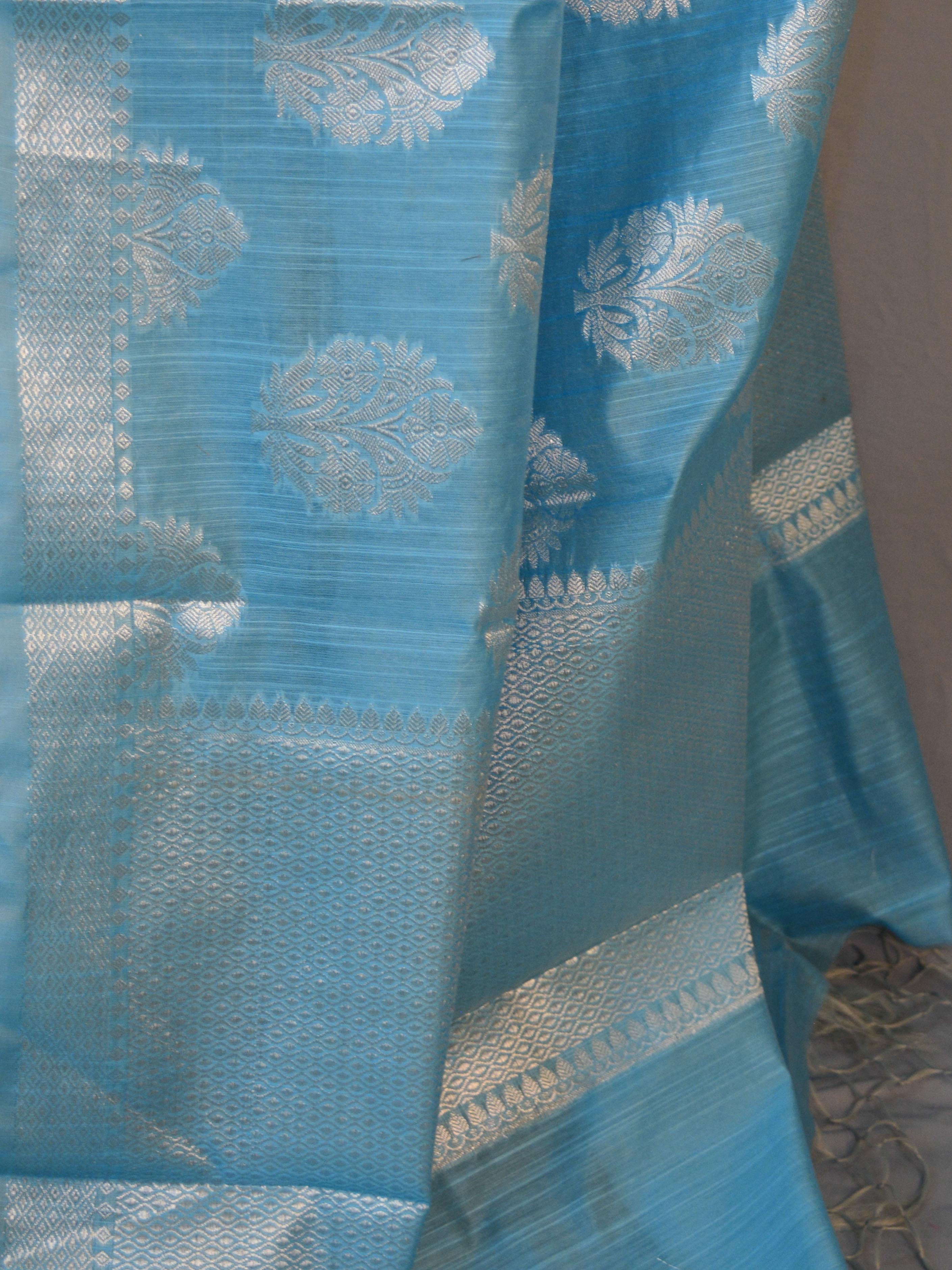 Banarasee Cotton Silk Saree With  Silver Zari Buta & Border-Blue