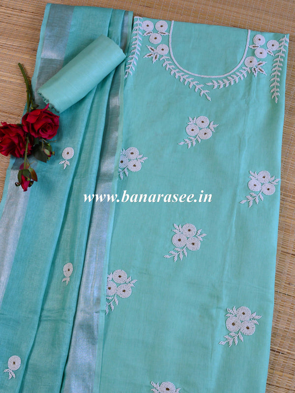 Handwoven Linen Salwar Kameez & Dupatta With Hand-Embroidered Pearl Work-Sea Green