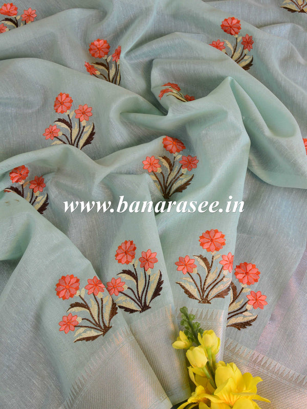 Banarasee Linen Cotton Saree With Embroidered Buta & Silver Zari Border-Blue