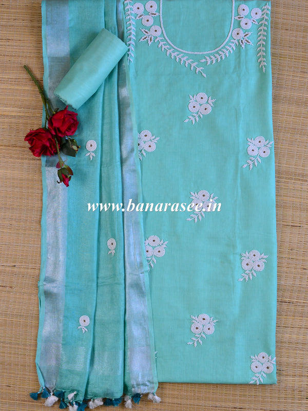 Handwoven Linen Salwar Kameez & Dupatta With Hand-Embroidered Pearl Work-Sea Green