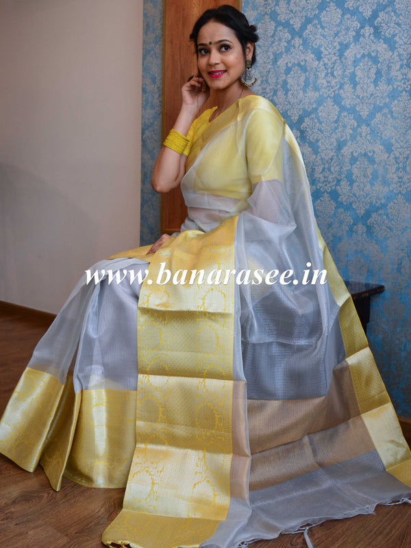 Banarasee Handwoven Broad Contrast Border Tissue Saree-Silver & Yellow
