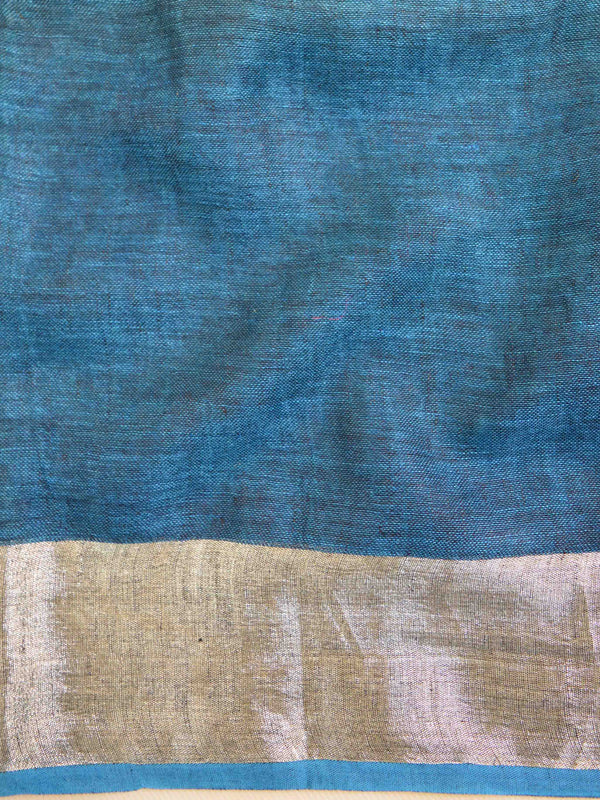 Bhagalpur Handloom Pure Linen Silver Zari Broad Border-Blue