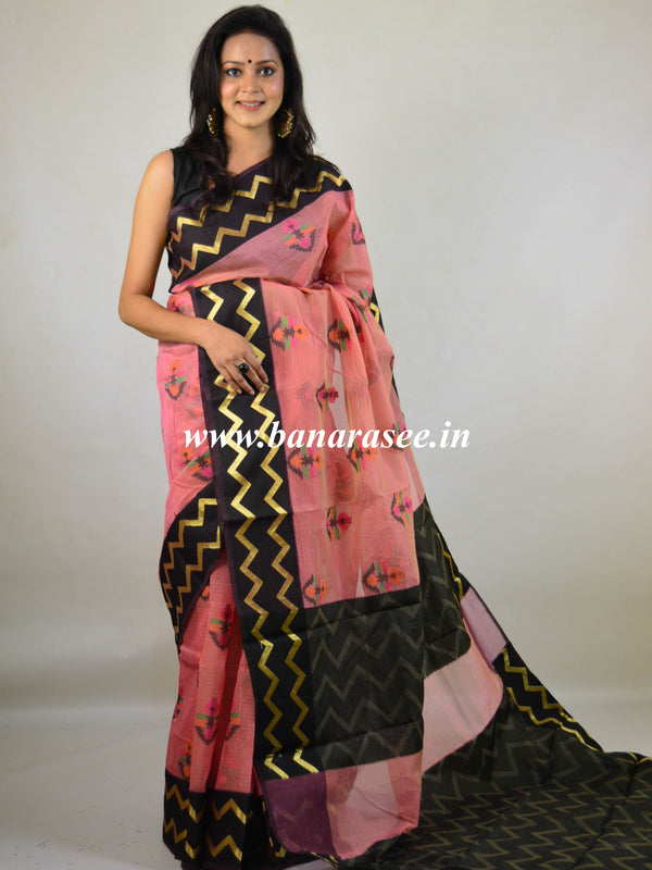 Banarasee Cotton Silk Mix Saree With Resham Buti & Zig-Zag Border-Pink