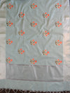 Banarasee Linen Cotton Saree With Embroidered Buta & Silver Zari Border-Blue