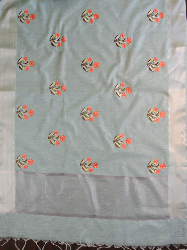 Banarasee Linen Cotton Saree With Embroidered Buta & Silver Zari Border-Blue