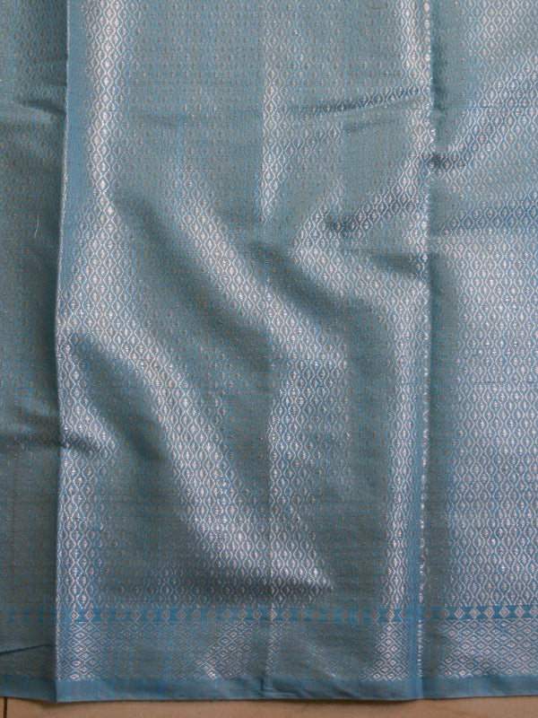 Banarasee Cotton Silk Saree With  Silver Zari Buta & Border-Blue