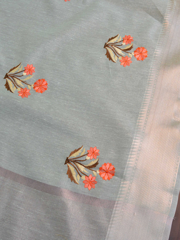 Banarasee Linen Cotton Saree With Embroidered Buta & Silver Zari Border-Blue