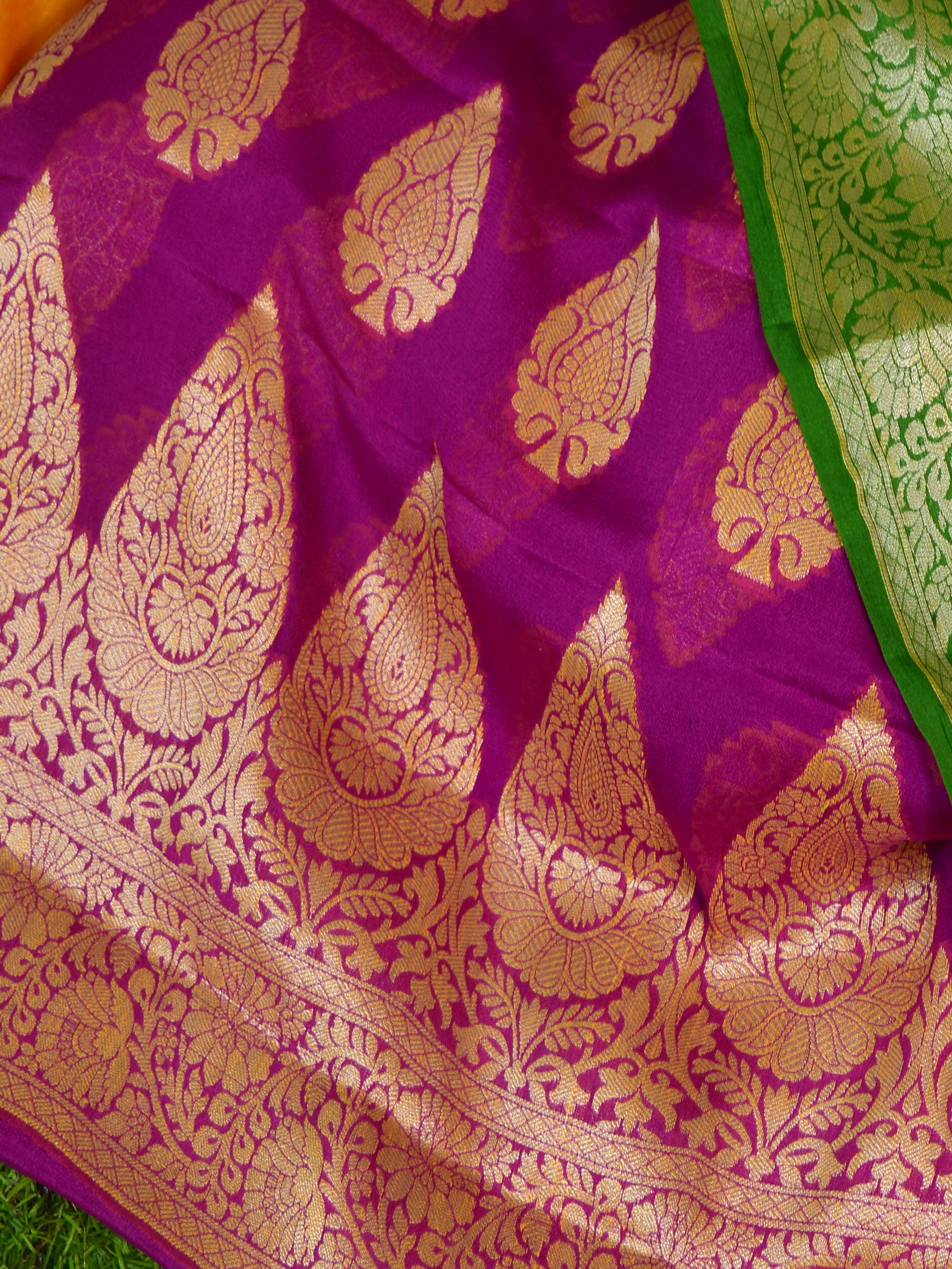 Banarasee Handloom Pure Chiffon Silk Salwar Kameez With Zari Design Fabric-Magenta & Green