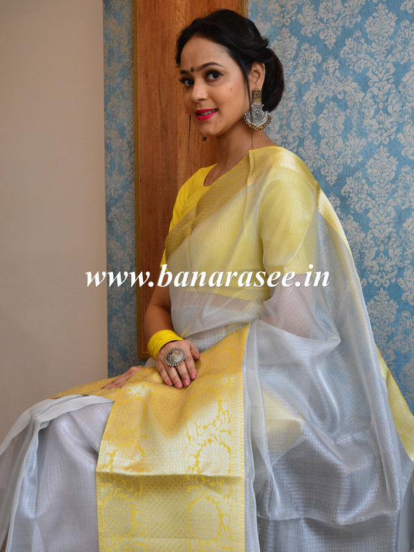 Banarasee Handwoven Broad Contrast Border Tissue Saree-Silver & Yellow