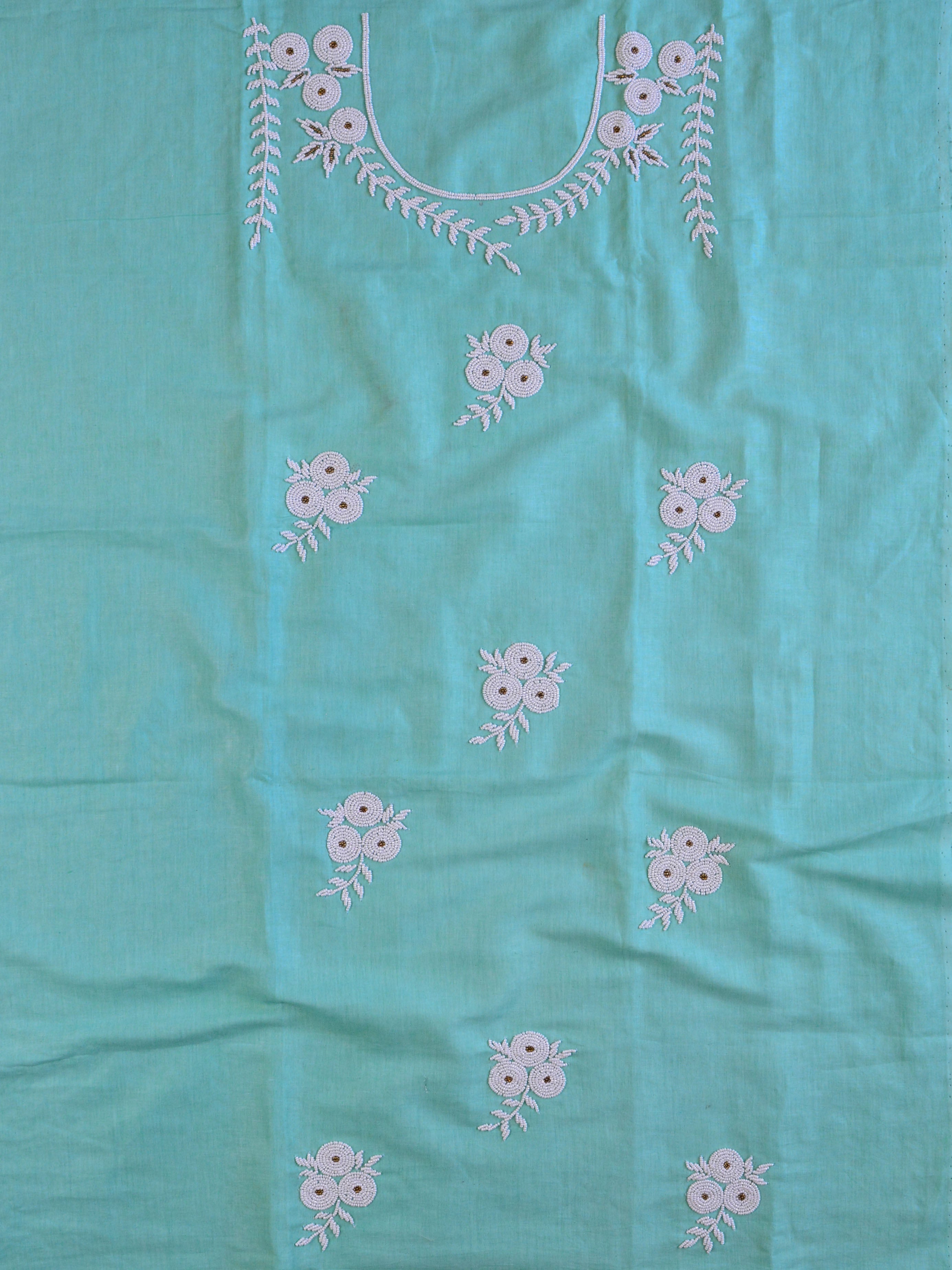 Handwoven Linen Salwar Kameez & Dupatta With Hand-Embroidered Pearl Work-Sea Green