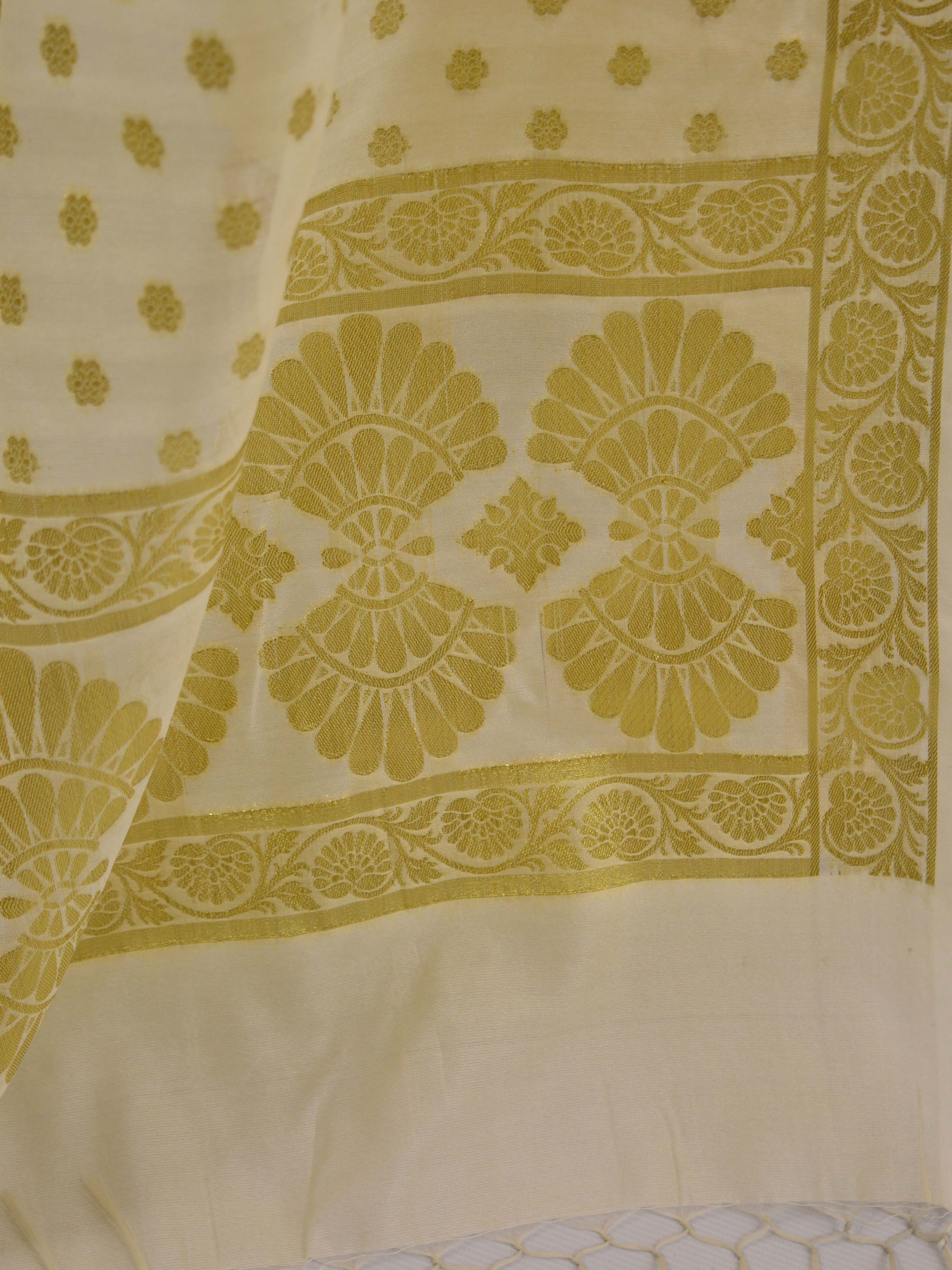 Banarasee Salwar Kameez Cotton Silk Gold Zari Buti Woven Fabric-White
