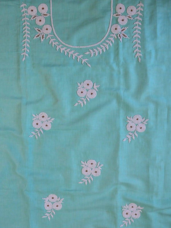 Handwoven Linen Salwar Kameez & Dupatta With Hand-Embroidered Pearl Work-Sea Green