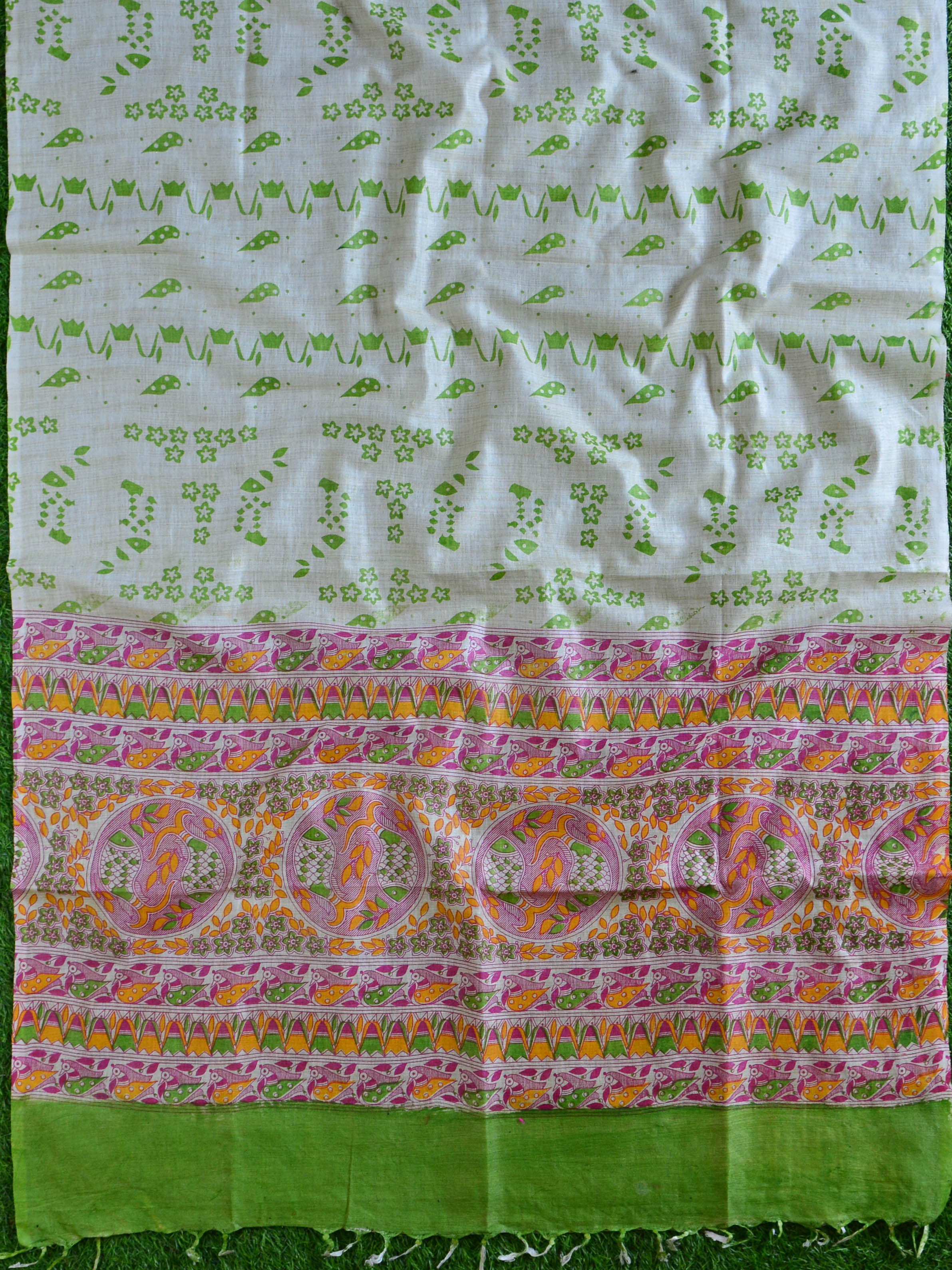 Handloom Block Printed Khadi Cotton Salwar Kameez Dupatta Set-Green & Beige