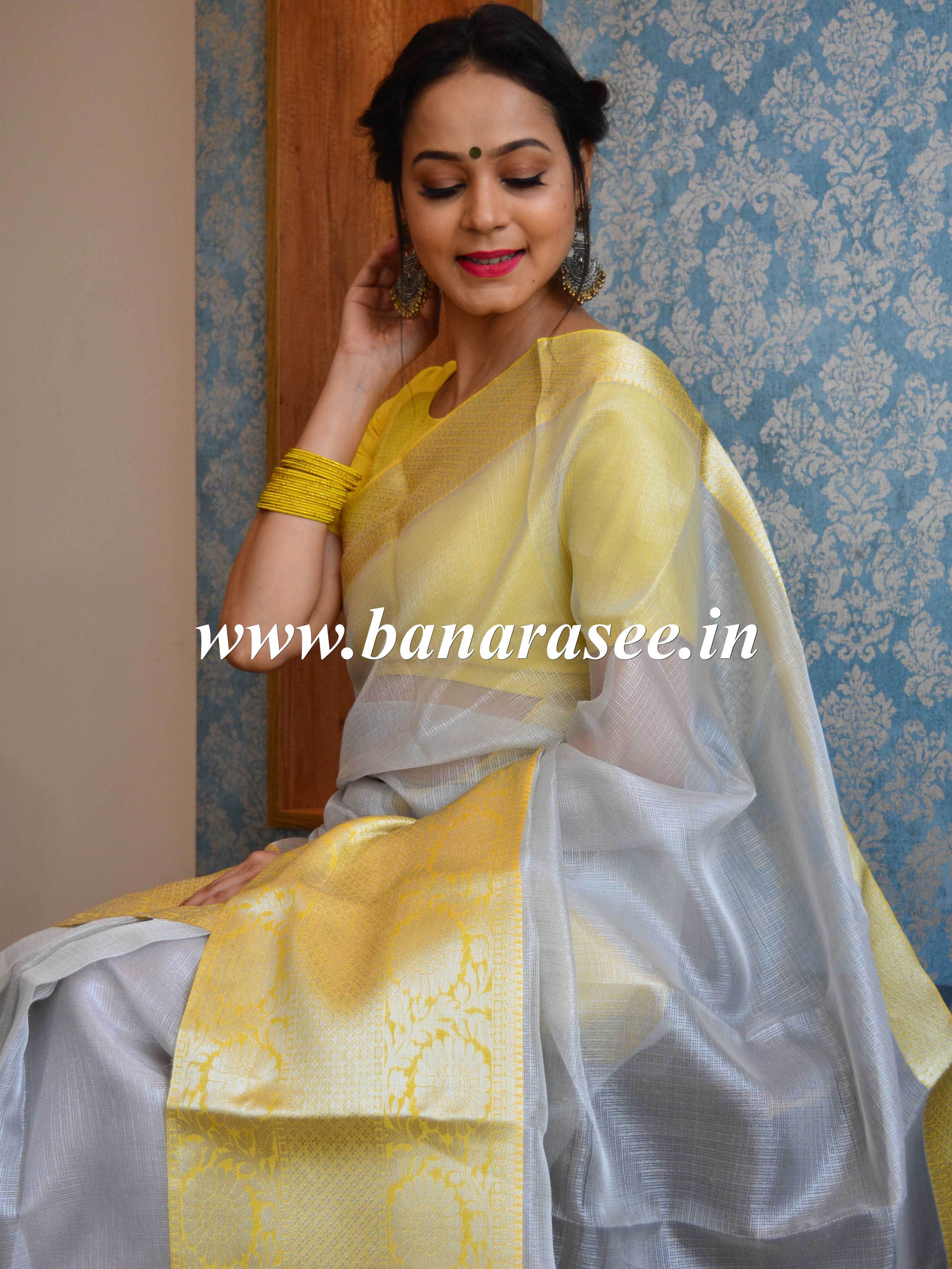 Banarasee Handwoven Broad Contrast Border Tissue Saree-Silver & Yellow