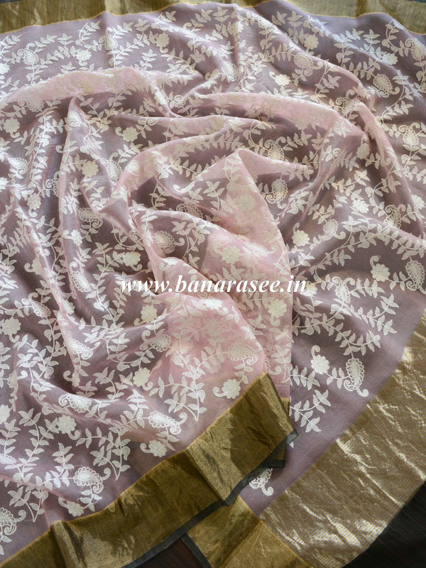 Banarasee Handwoven Pure Silk Cotton Chikankari Embroidery Saree-Pink