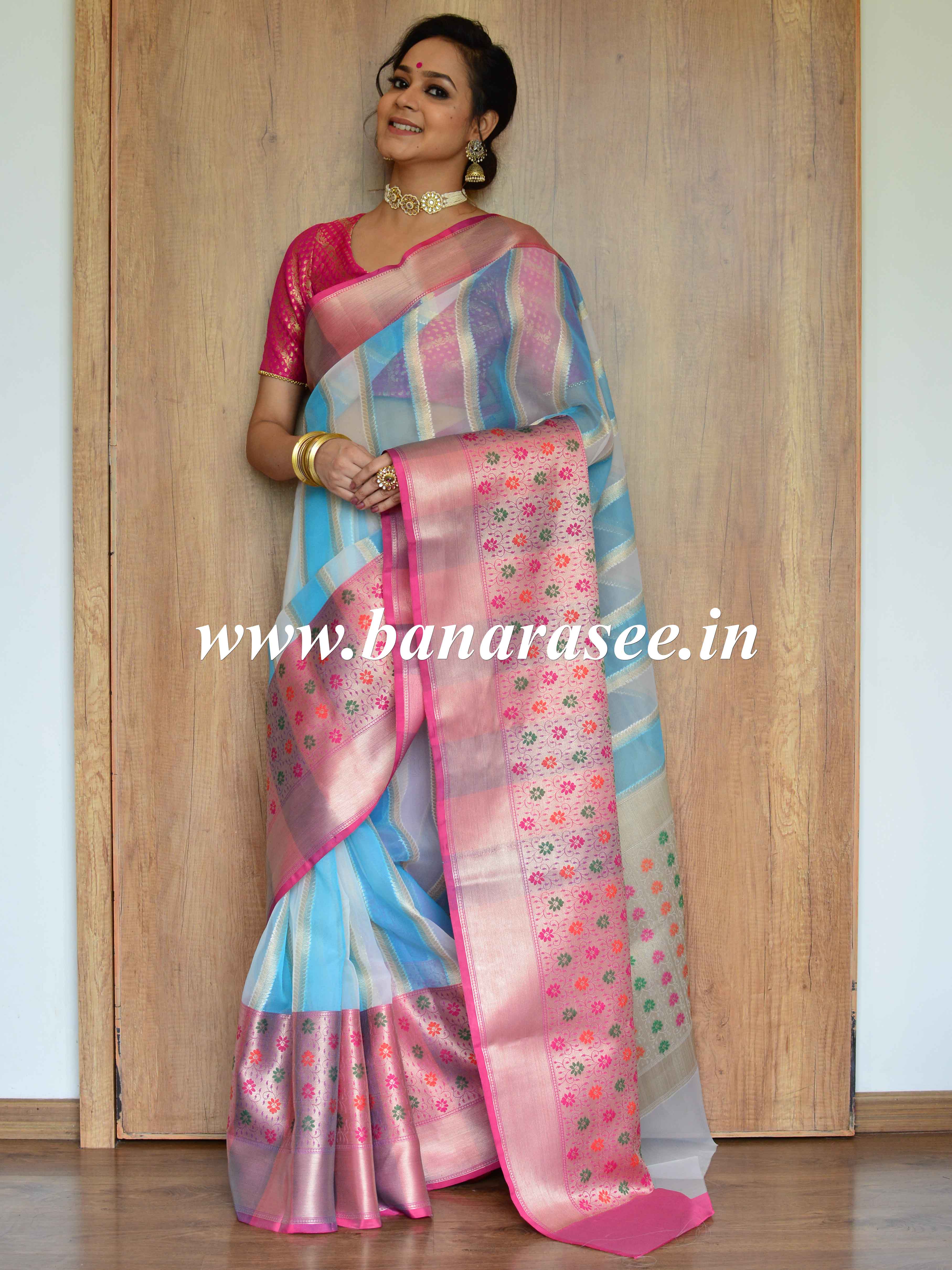 Banarasee Organza Mix Saree With Stripes Design & Broad Border-Blue