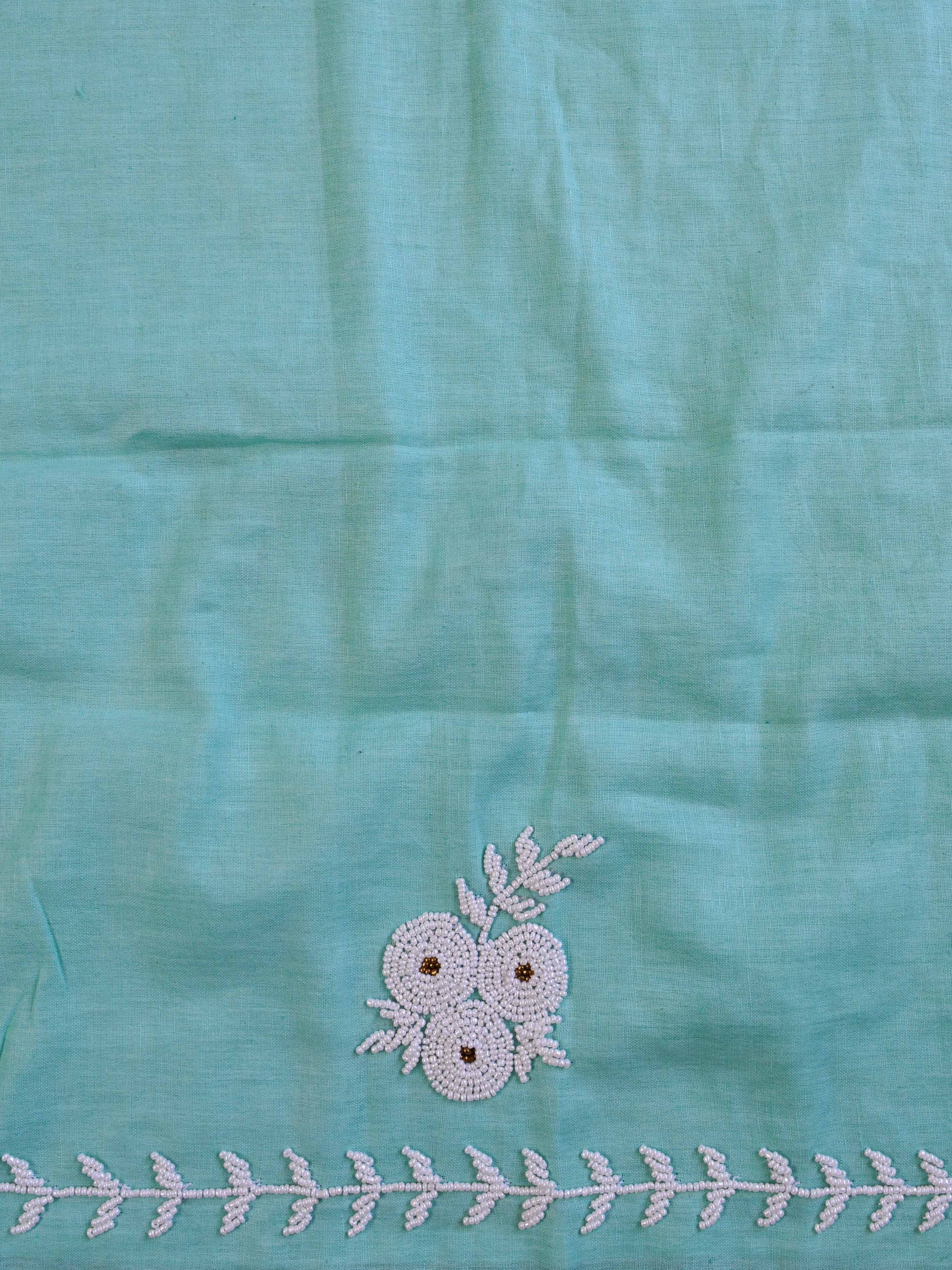Handwoven Linen Salwar Kameez & Dupatta With Hand-Embroidered Pearl Work-Sea Green