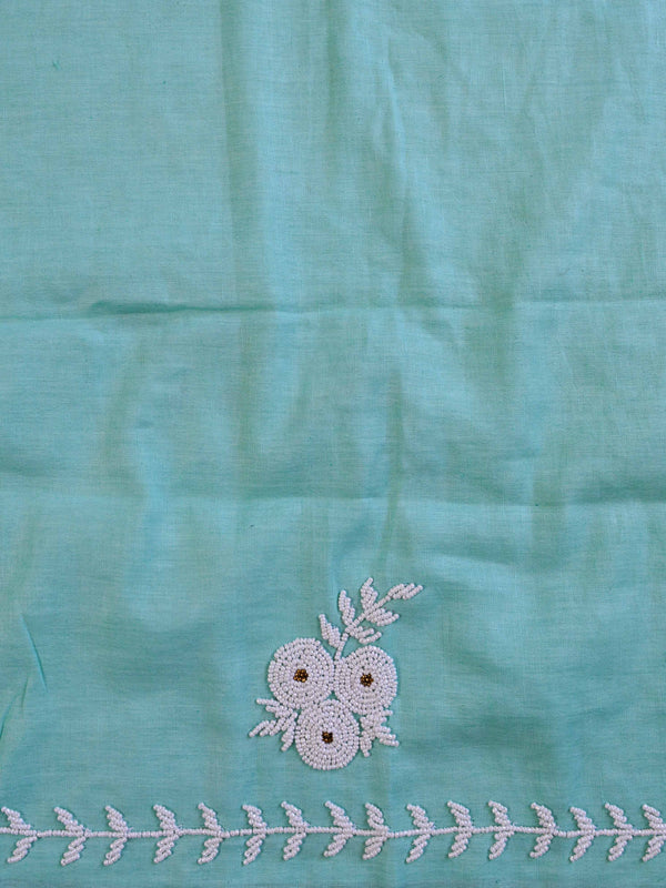 Handwoven Linen Salwar Kameez & Dupatta With Hand-Embroidered Pearl Work-Sea Green