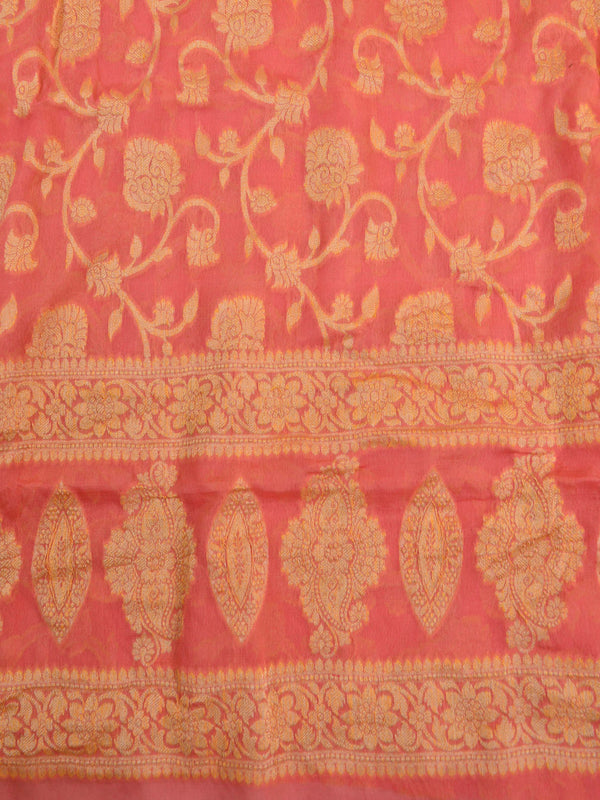 Banarasee Handloom Pure Chiffon Silk Kameez Fabric With Dupatta-Mustard & Peach