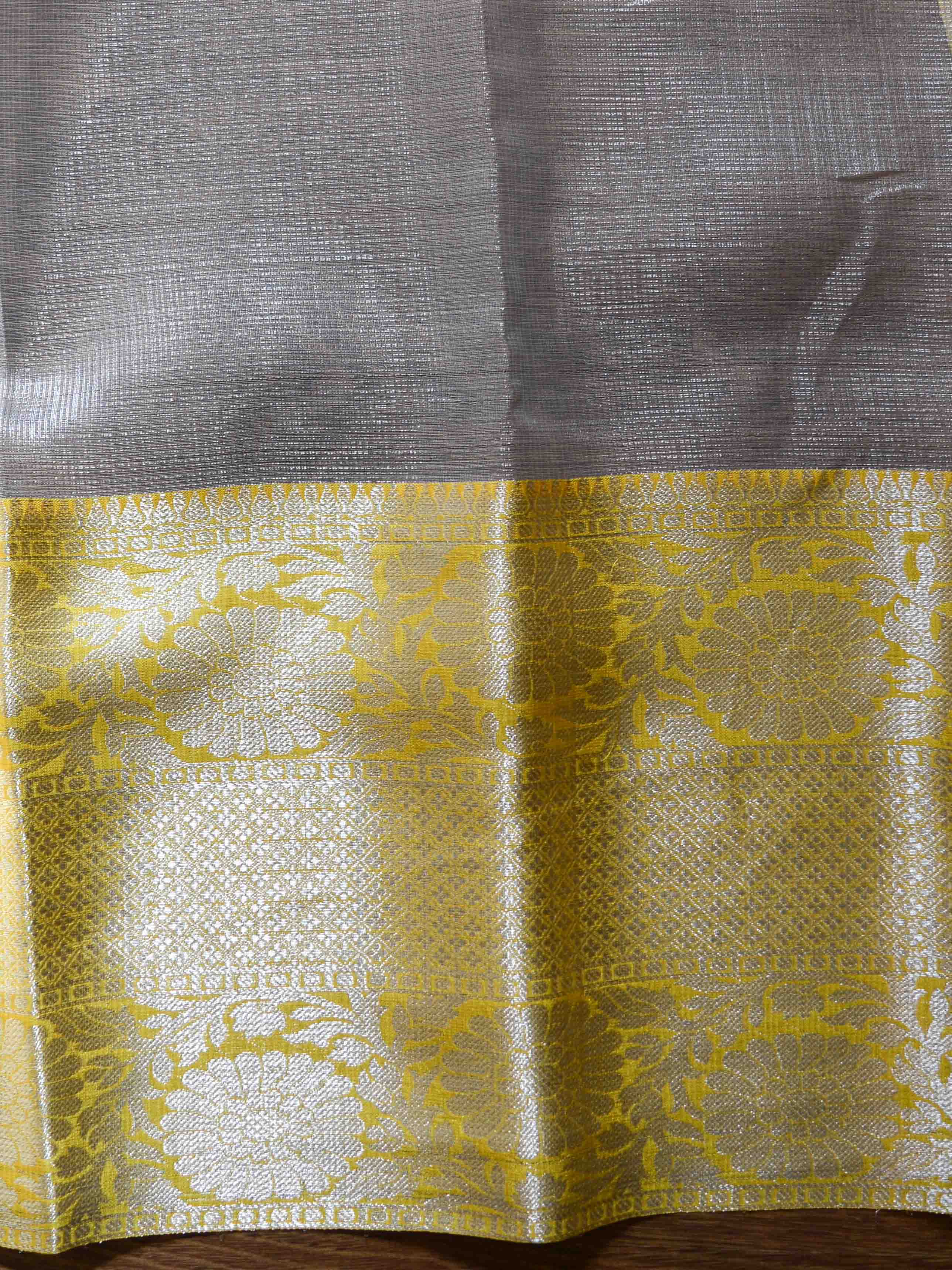 Banarasee Handwoven Broad Contrast Border Tissue Saree-Silver & Yellow
