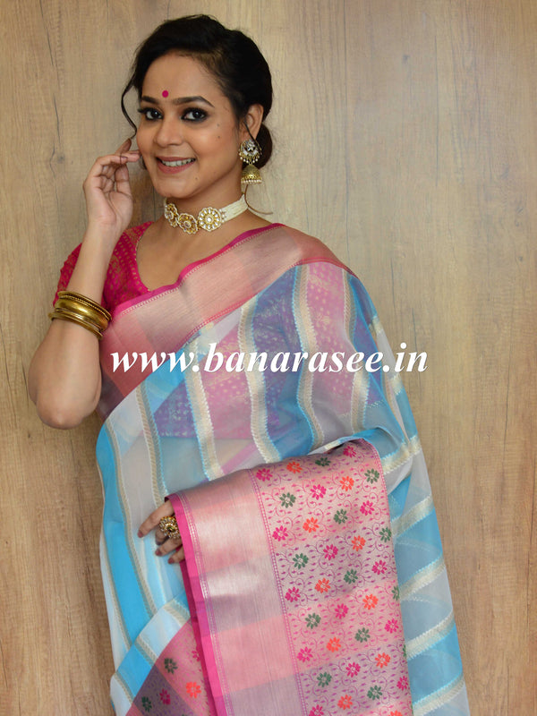 Banarasee Organza Mix Saree With Stripes Design & Broad Border-Blue