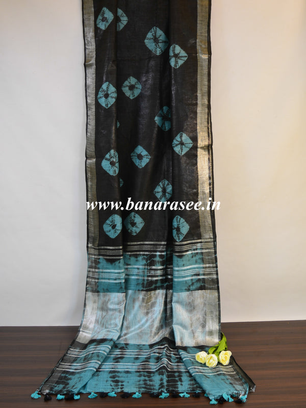 Bhagalpur Handloom Pure Linen Cotton Hand-Dyed Batik Pattern Saree-Black & Blue