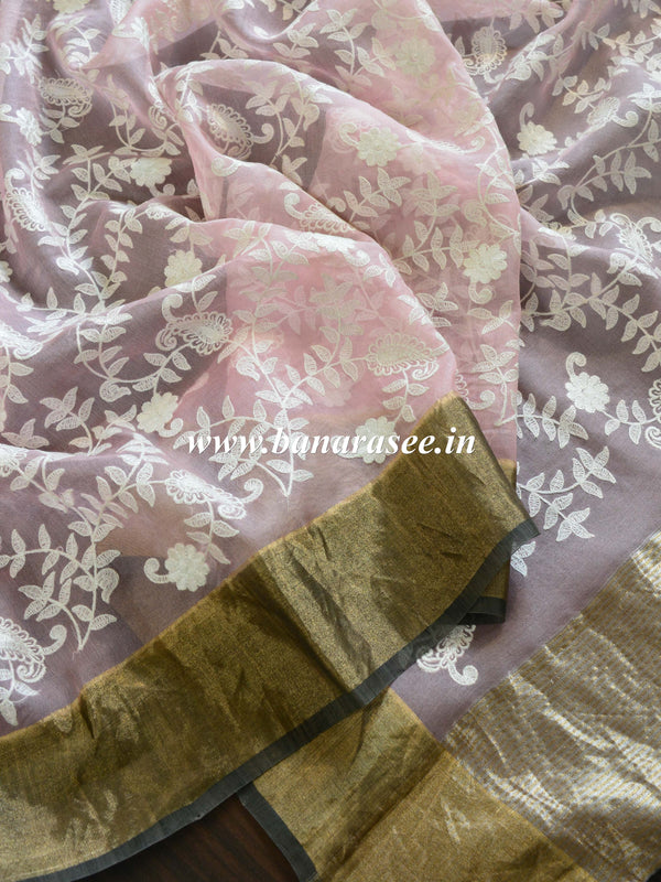 Banarasee Handwoven Pure Silk Cotton Chikankari Embroidery Saree-Pink