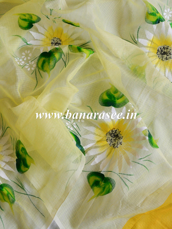 Kota Doria Cotton Mix Saree With Hand-Painted Floral Design-Yellow