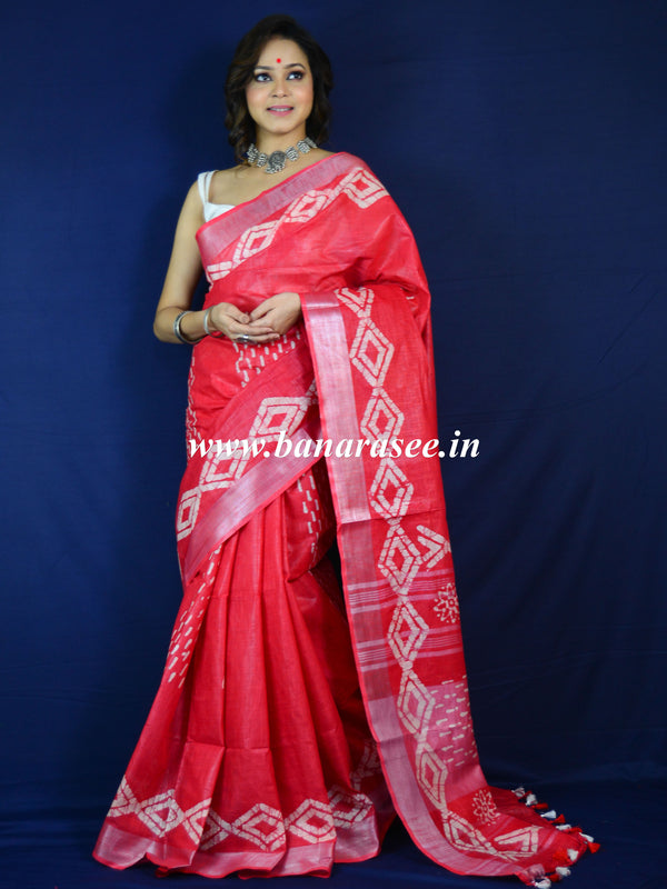 Bhagalpur Handloom Pure Linen Cotton Hand-Dyed Shibori Pattern Saree-Red