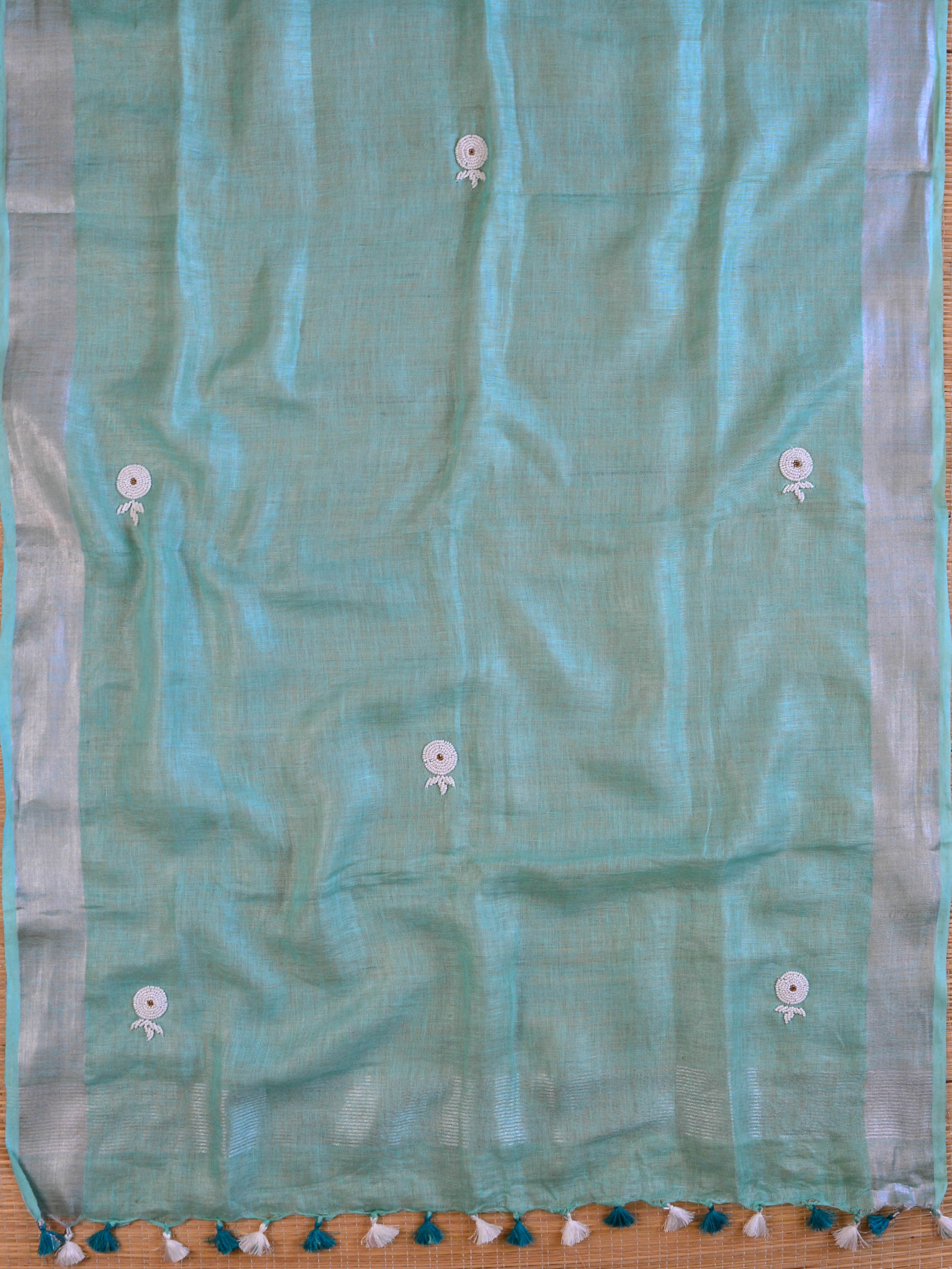 Handwoven Linen Salwar Kameez & Dupatta With Hand-Embroidered Pearl Work-Sea Green