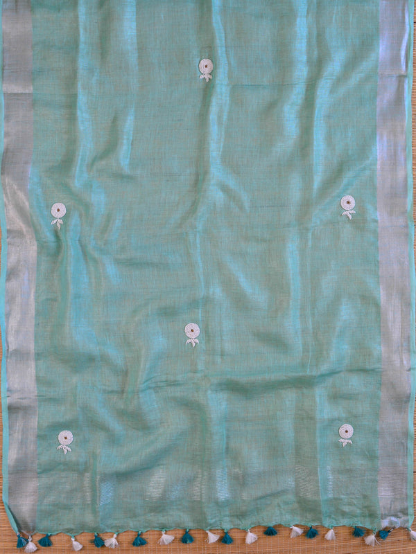 Handwoven Linen Salwar Kameez & Dupatta With Hand-Embroidered Pearl Work-Sea Green
