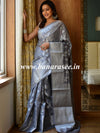 Banarasee Handwoven Semi-Chiffon Saree With Zari Jaal Work & Floral Border-Grey