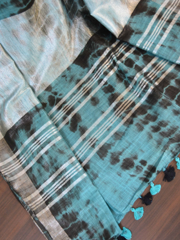 Bhagalpur Handloom Pure Linen Cotton Hand-Dyed Batik Pattern Saree-Black & Blue