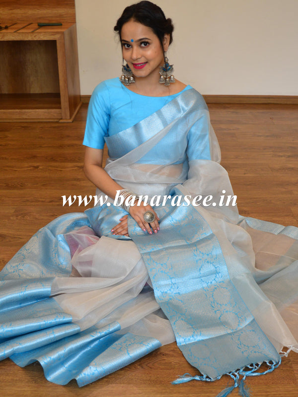 Banarasee Handwoven Broad Contrast Border Tissue Saree-Silver & Blue