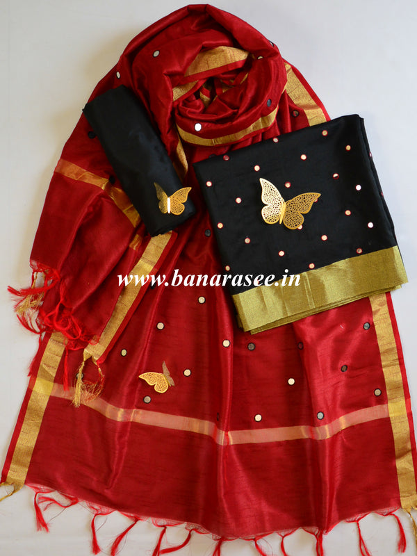 Banarasee Chanderi Cotton Mirror Work Salwar Kameez Dupatta Set-Black & Maroon