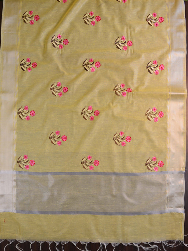 Banarasee Linen Cotton Saree With Embroidered Buta & Silver Zari Border-Yellow