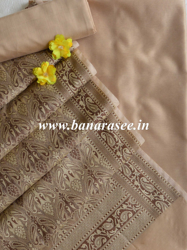 Banarasee Cotton Silk Plain Salwar Kameez Fabric With Resham Jaal Dupatta-Beige