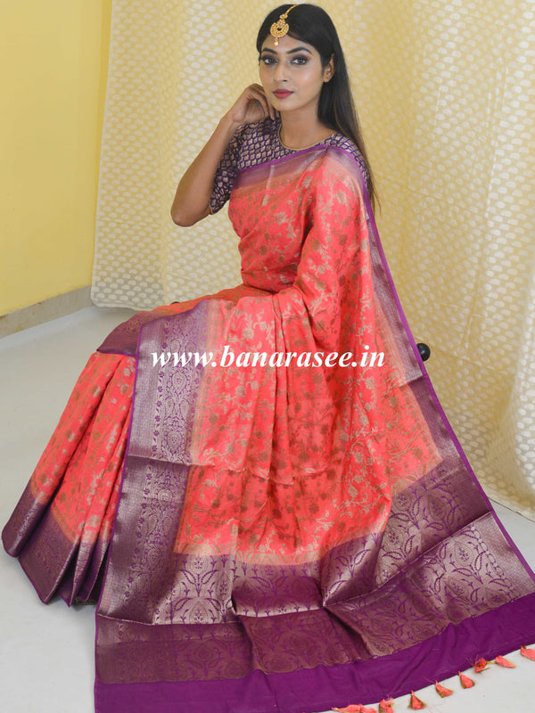 Banarasee Handwoven Semi Silk Saree With Contrast Border Design-Peach & Violet