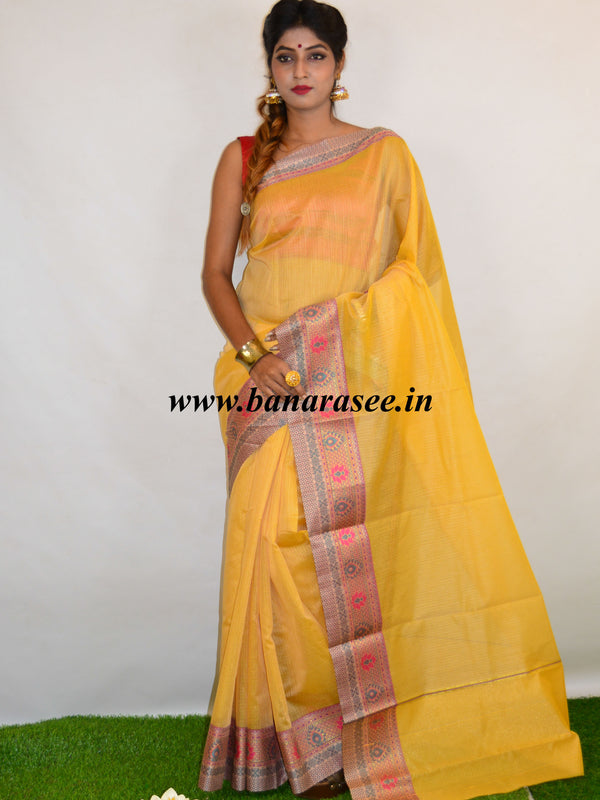 Banarasee Cotton Silk Mix Saree With Checks Design & Contrast Border-Yellow