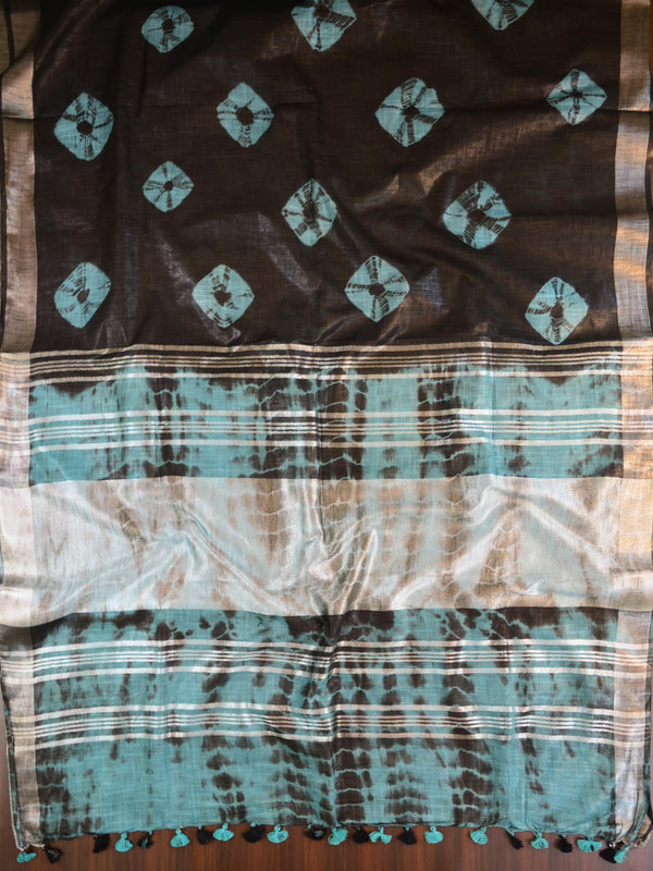 Bhagalpur Handloom Pure Linen Cotton Hand-Dyed Batik Pattern Saree-Black & Blue