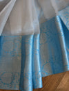 Banarasee Handwoven Broad Contrast Border Tissue Saree-Silver & Blue