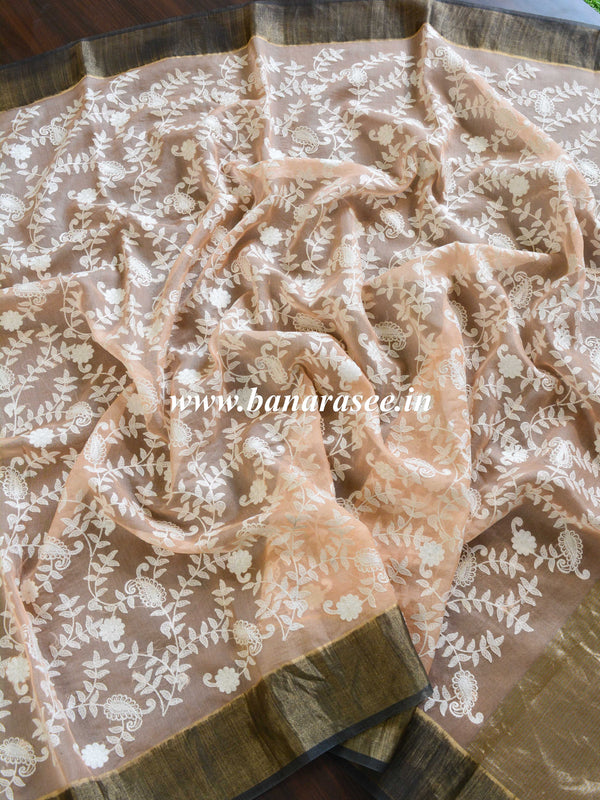 Banarasee Handwoven Pure Silk Cotton Chikankari Embroidery Saree-Peach