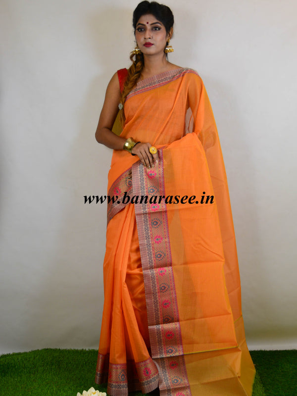 Banarasee Cotton Silk Mix Saree With Checks Design & Contrast Border-Orange