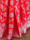 Banarasee Handwoven Semi Silk Saree With Silver Zari Jaal Design-Red