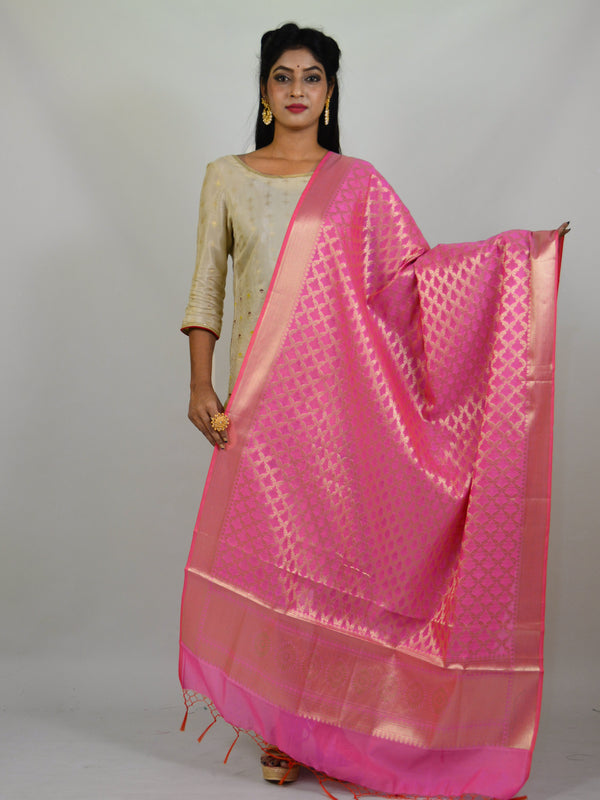 Banarasee Art Silk Dupatta With Gold Zari Jaal Design-Pink