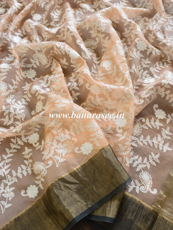 Banarasee Handwoven Pure Silk Cotton Chikankari Embroidery Saree-Peach