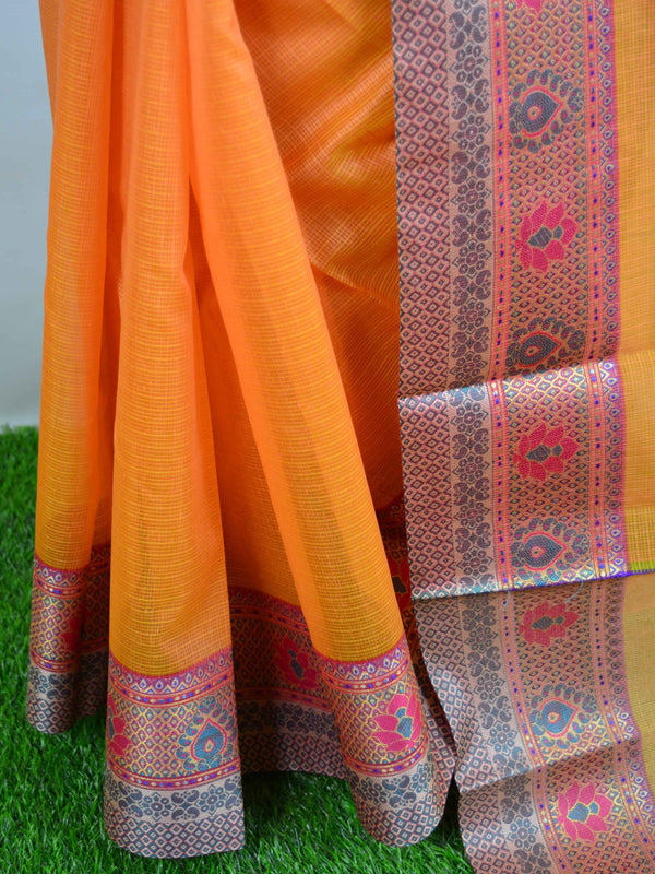 Banarasee Cotton Silk Mix Saree With Checks Design & Contrast Border-Orange