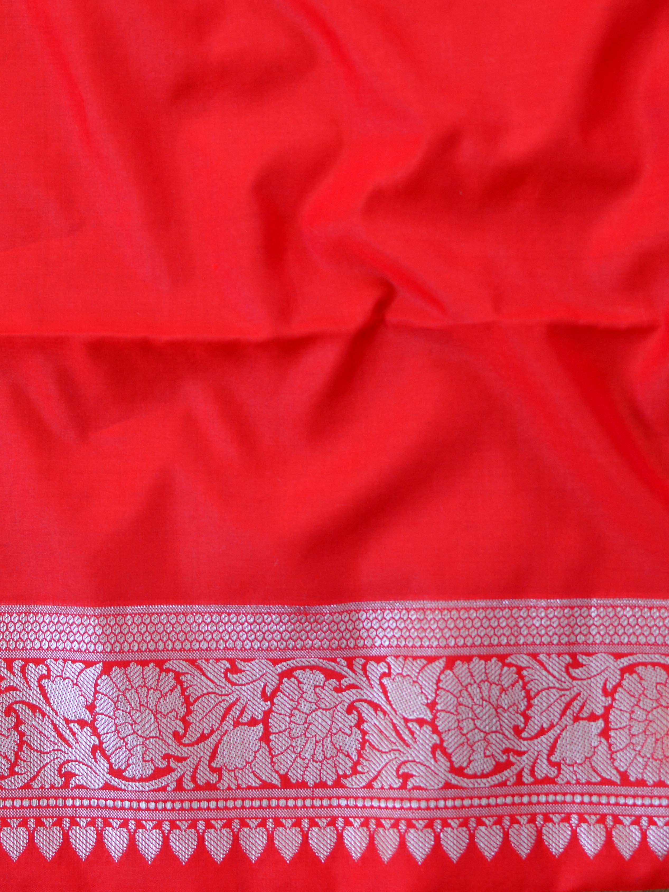 Banarasee Handwoven Semi Silk Saree With Silver Zari Jaal Design-Red